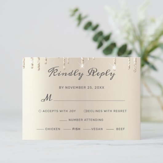 Chic Ivory Driving Glitter Elegant Script Wedding RSVP Kaartje (Staand voorkant)