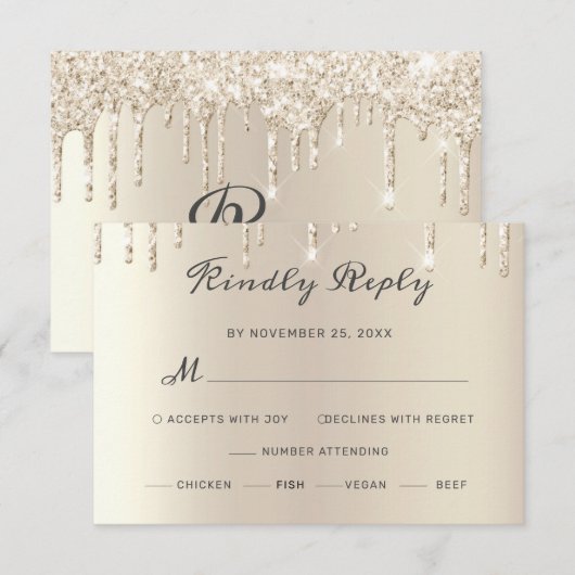 Chic Ivory Driving Glitter Elegant Script Wedding RSVP Kaartje (Voorkant / Achterkant)