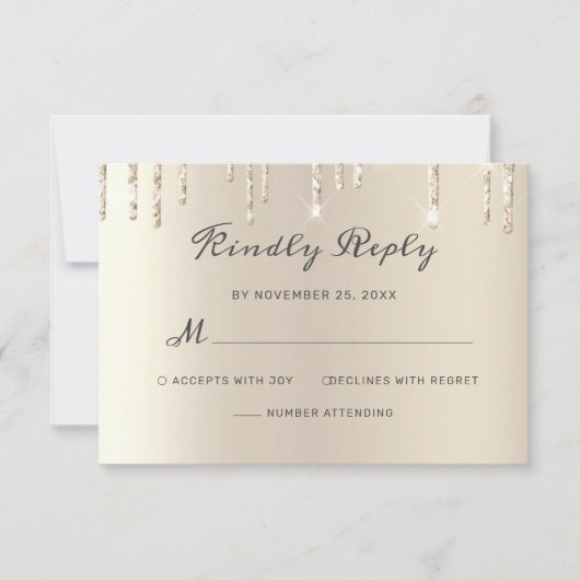Chic Ivory Driving Glitter Elegant Script Wedding RSVP Kaartje (Voorkant)