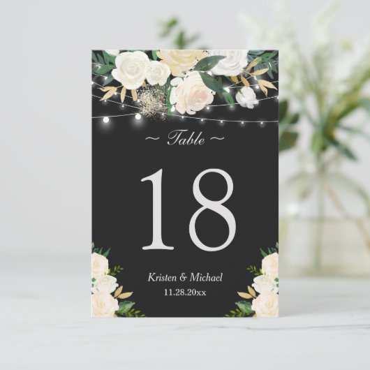 Chic Ivory White Floral String Lights Table Number Kaart (Staand voorkant)