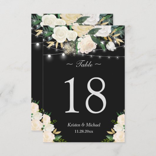Chic Ivory White Floral String Lights Table Number Kaart (Voorkant / Achterkant)