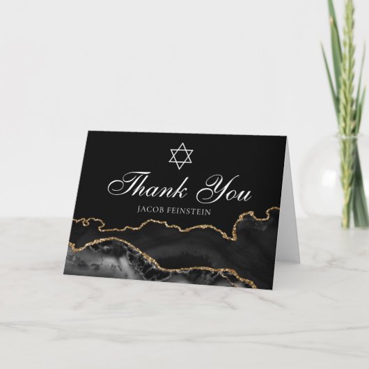 Chic Jewish Bar Mitzvah Black Gold Star of David Bedankkaart (Voorkant)