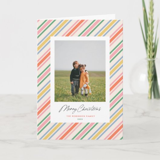 Chic Joyful Stripes Kerstvakantie Fotokaart Feestdagen Kaart (Voorkant)