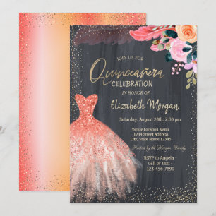 Chic jurk, bloemen veer Quinceanera Kaart