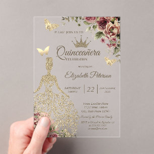 Chic jurk, vlinder bloemsterren blauwe Quinceañera Acryl Uitnodigingen