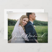 Chic Just Married Calligraphy Overlay Foto Aankondigingskaart (Voorkant / Achterkant)