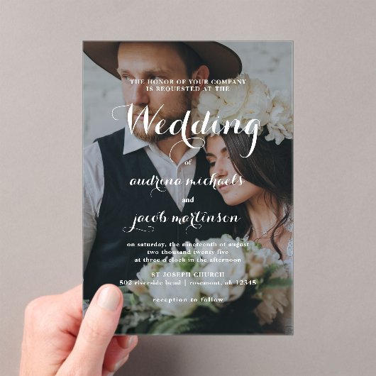 Chic kalligrafie script Classic foto bruiloft Acryl Uitnodigingen (Insitu (Draagbaar))