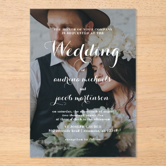 Chic kalligrafie script Classic foto bruiloft Acryl Uitnodigingen (Voorkant)