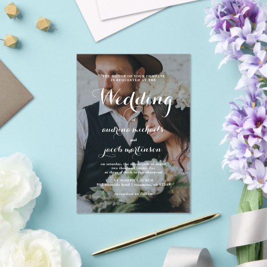 Chic kalligrafie script Classic foto bruiloft Acryl Uitnodigingen (Insitu (Huwelijk))