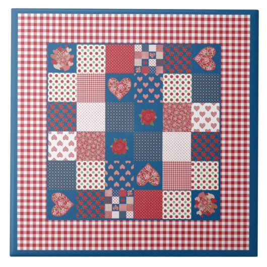 Chic keramische tegel: Faux-patchwork en Gingham Tegeltje (Voorkant)