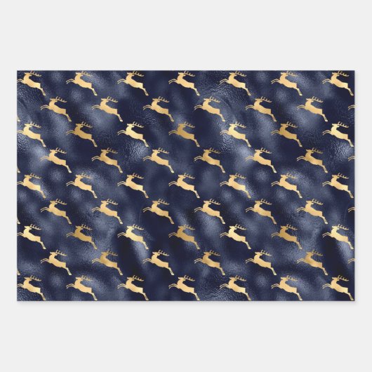 Chic Kerstdeer Pattern marine Blue Gold Foil Inpakpapier Vel (Voorkant)