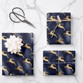Chic Kerstdeer Pattern marine Blue Gold Foil Inpakpapier Vel