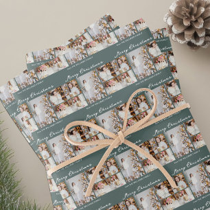 Chic Kerstmis Familie Fotocollage Grijs Groen Inpakpapier Vel