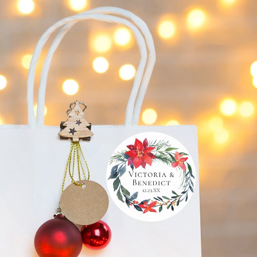 Chic Kerstmis Poinsettia Floral Wreath Wedding Ronde Sticker