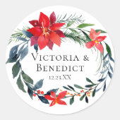 Chic Kerstmis Poinsettia Floral Wreath Wedding Ronde Sticker (Voorkant)