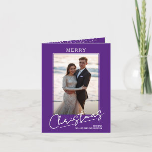Chic Kerstmis Script op Paarse Gevouwen Foto Feestdagen Kaart