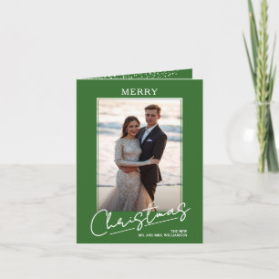 Chic Kerstscript op groene gevouwen foto Feestdagen Kaart