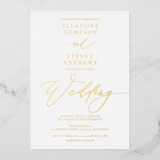 Chic klassiek calligrafie bruiloft wit goud folie uitnodiging (Voorkant)