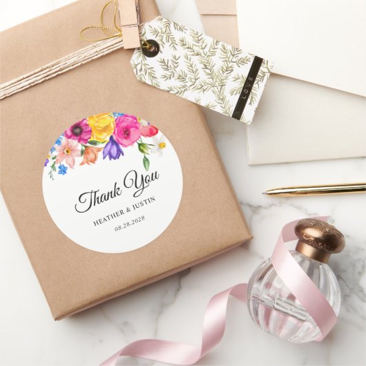 Chic kleurrijke felle wilde bloemen bruiloft dank  ronde sticker (Geschenken)