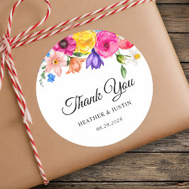 Chic kleurrijke felle wilde bloemen bruiloft dank  ronde sticker