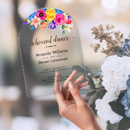Chic kleurrijke florale bruiloft repetitie diner b acryl uitnodigingen