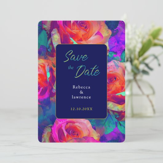 Chic kleurrijke heldere bloemen bruiloft save the date (Staand voorkant)