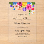 Chic kleurrijke heldere wilde bloemen bruiloft acryl uitnodigingen (Voorkant)