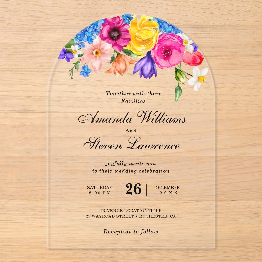 Chic kleurrijke heldere wilde bloemen bruiloft boo acryl uitnodigingen (Voorkant)