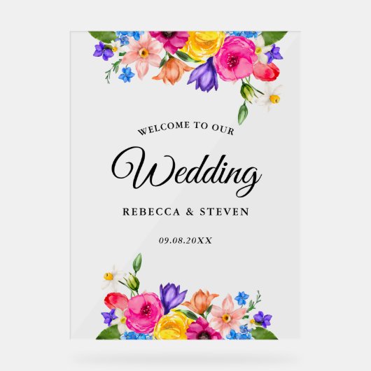 Chic kleurrijke heldere wilde bloemen bruiloft wel acryl bord (Voorkant)