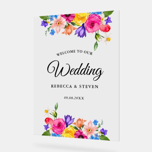Chic kleurrijke heldere wilde bloemen bruiloft wel acryl bord (Hoek)