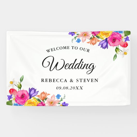 Chic kleurrijke heldere wilde bloemen bruiloft wel spandoek (Horizontaal)