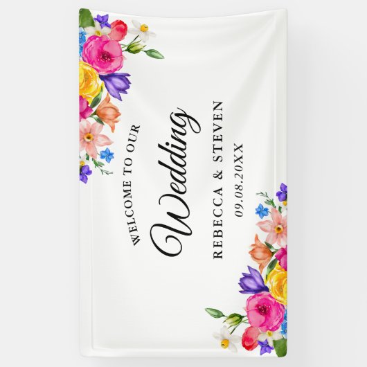 Chic kleurrijke heldere wilde bloemen bruiloft wel spandoek (Verticaal)