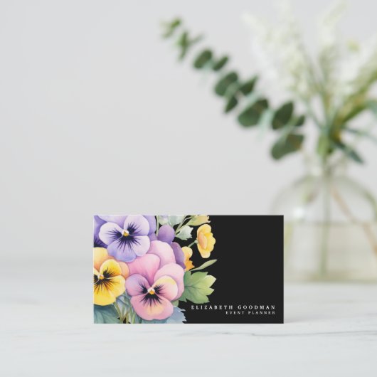 Chic Kleurrijke Spring Pansies Zwarte Visitekaartj Visitekaartje (Staand voorkant)
