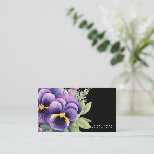 Chic Kleurrijke Spring Pansies Zwarte Visitekaartj Visitekaartje (Staand voorkant)
