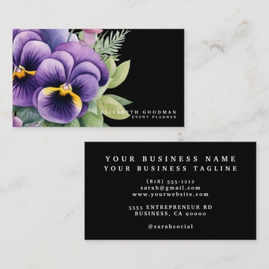 Chic Kleurrijke Spring Pansies Zwarte Visitekaartj Visitekaartje (Voorkant / Achterkant)