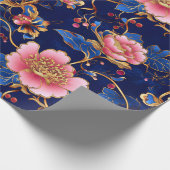 Chic kobaltblauw roze bloemmotief cadeaupapier (Hoek)