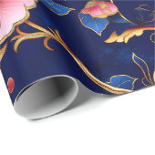 Chic kobaltblauw roze bloemmotief cadeaupapier (Rol Hoek)