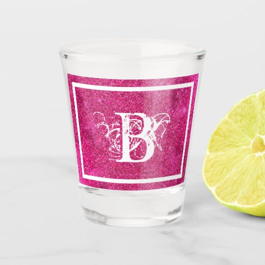 Chic Koel Roze Glitter Wit Initiaal Monogram Shot Glas (Voorkant)