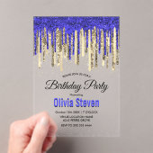 Chic koninklijk blauw goud glitter druppels verjaa acryl uitnodigingen (Insitu (Draagbaar))