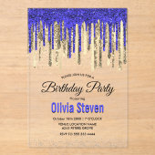 Chic koninklijk blauw goud glitter druppels verjaa acryl uitnodigingen (Voorkant)