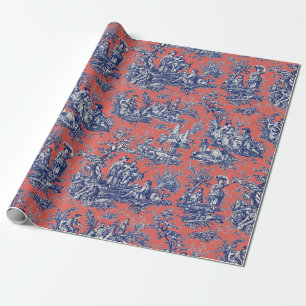 Chic  koraal rood blauw toile de jouy bedrukt cadeaupapier