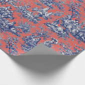 Chic koraal rood blauw toile de jouy bedrukt cadeaupapier (Hoek)