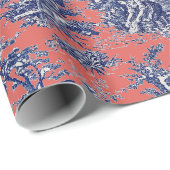 Chic koraal rood blauw toile de jouy bedrukt cadeaupapier (Rol Hoek)