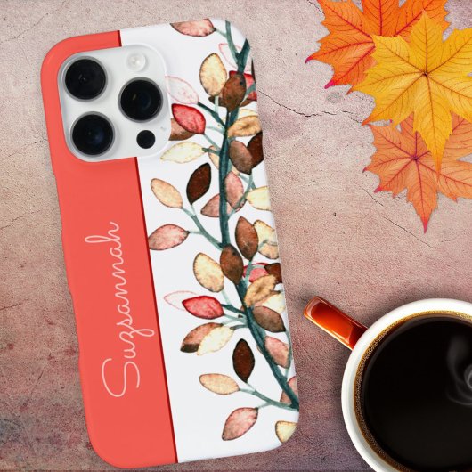 Chic Koraal Witte Herfstbladeren Aangepaste Naam iPhone Hoesje