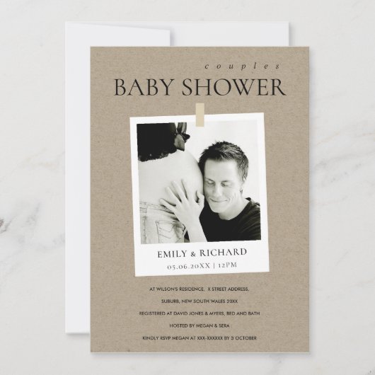 CHIC KRAFT CUSTOM FOTO KOUPLT BABY SHOWER INVITE BEDANKKAART (Voorkant)