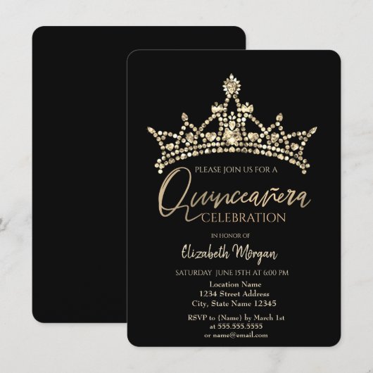 Chic Kroon Confetti Zwart Quinceañera   Kaart (Voorkant / Achterkant)