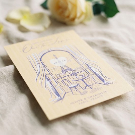 Chic La Dolce Vita Hand Drawn Paris Eiffel Tower  Save The Date