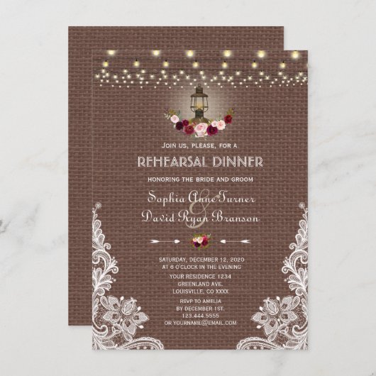 Chic Lace Burlap String Lights repetitie diner Kaart (Voorkant / Achterkant)