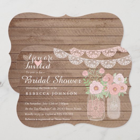 Chic Lace Mason Jar & Wood Vrijgezellenfeest Invit Kaart (Voorkant / Achterkant)