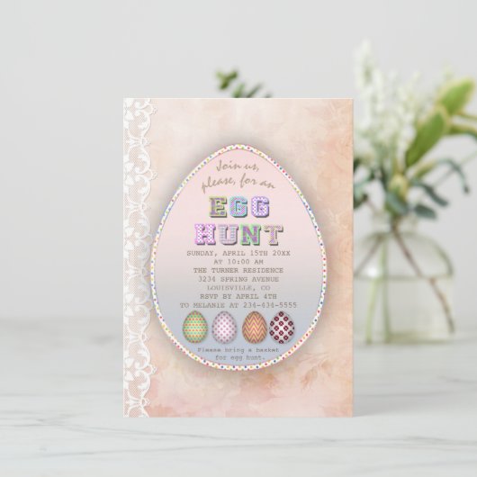 Chic  Lace Old Paper Easter Egg Hunt Party Kaart (Staand voorkant)